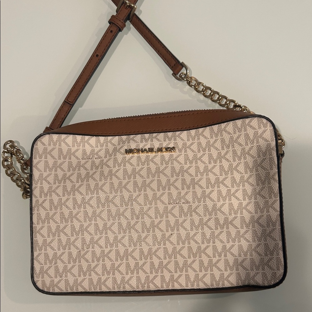 Michael Kors Tan and Cream Logo Crossbody Bag